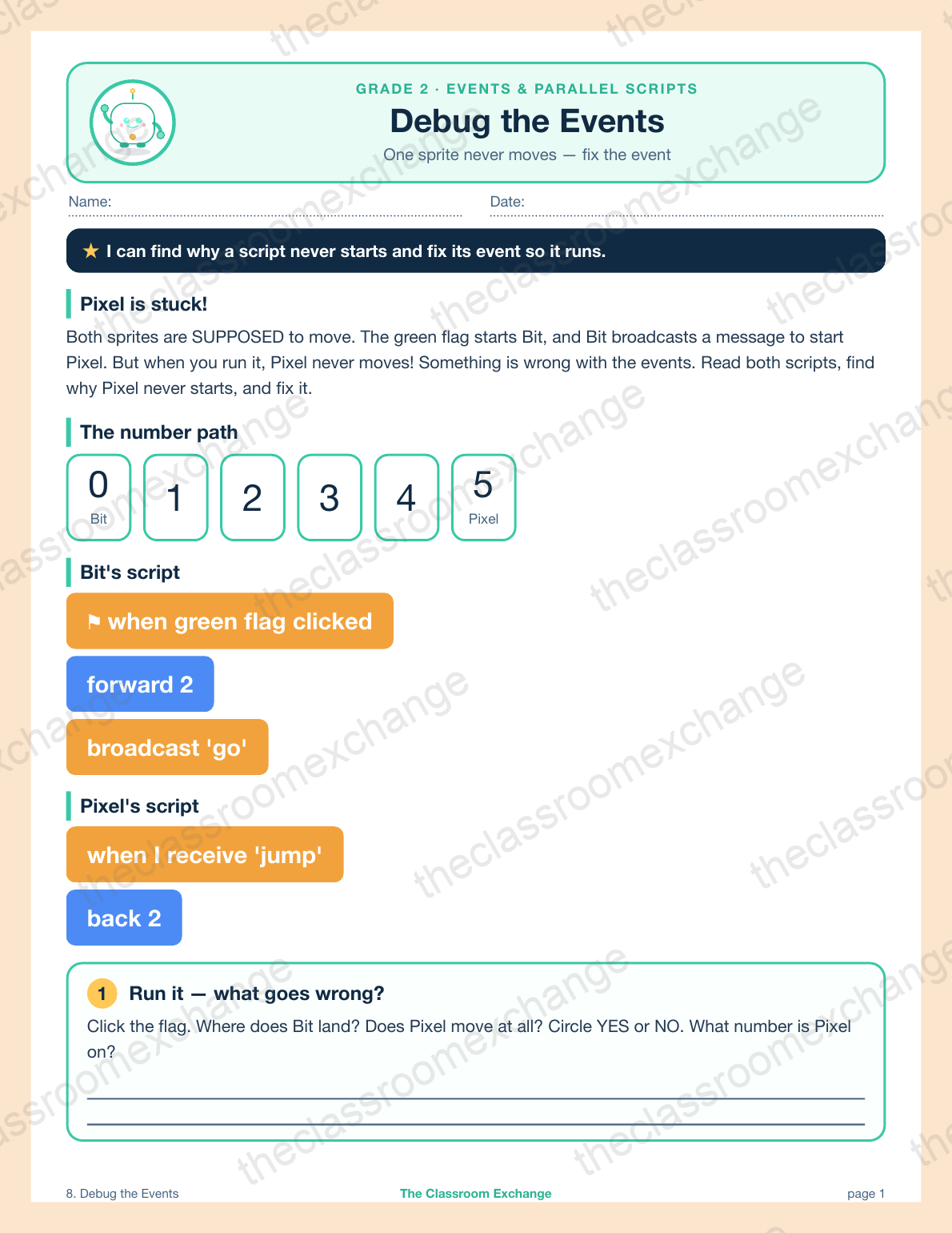 Grade 2 Coding: Debug the Events
