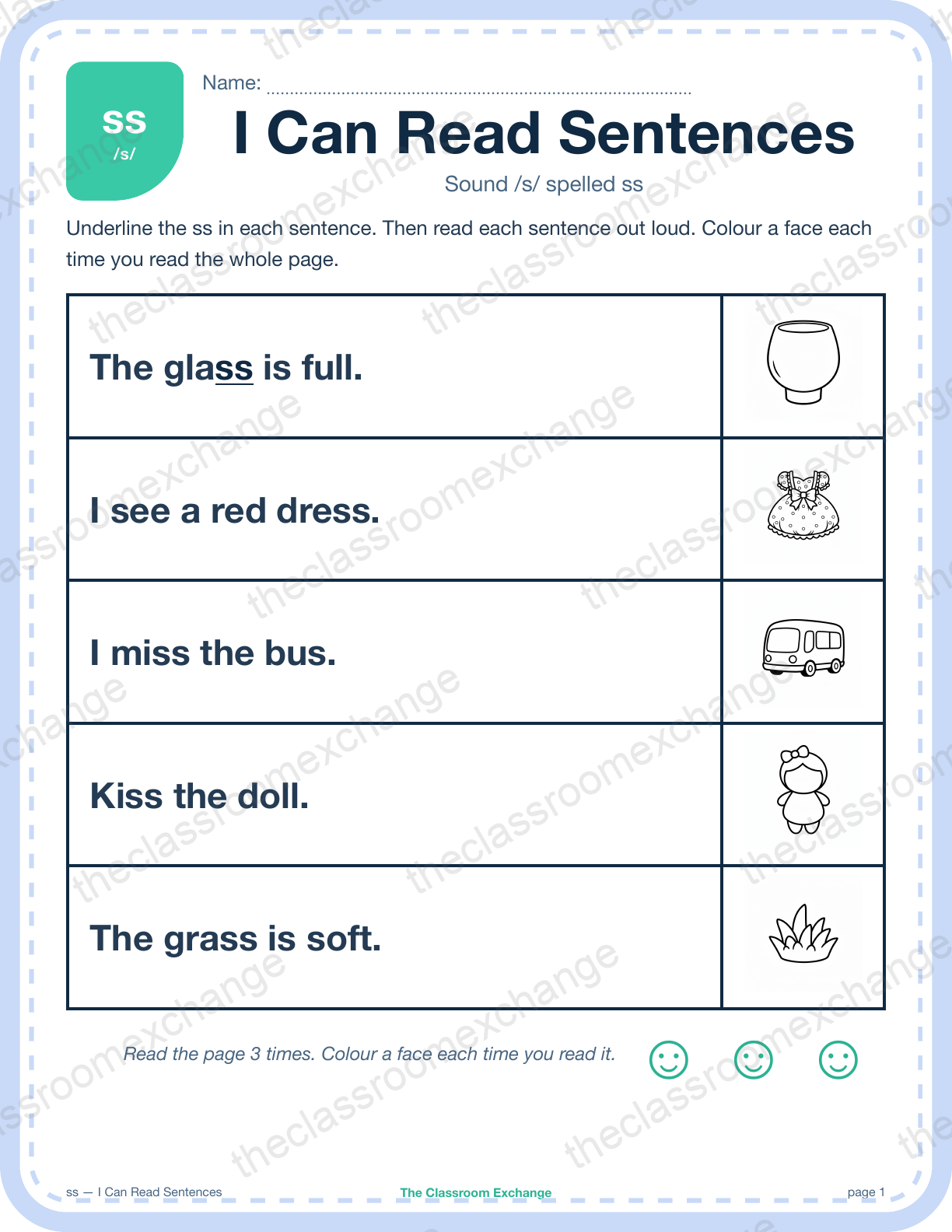 Grade 1 Phonics: ss (glass) — I Can Read Sentences