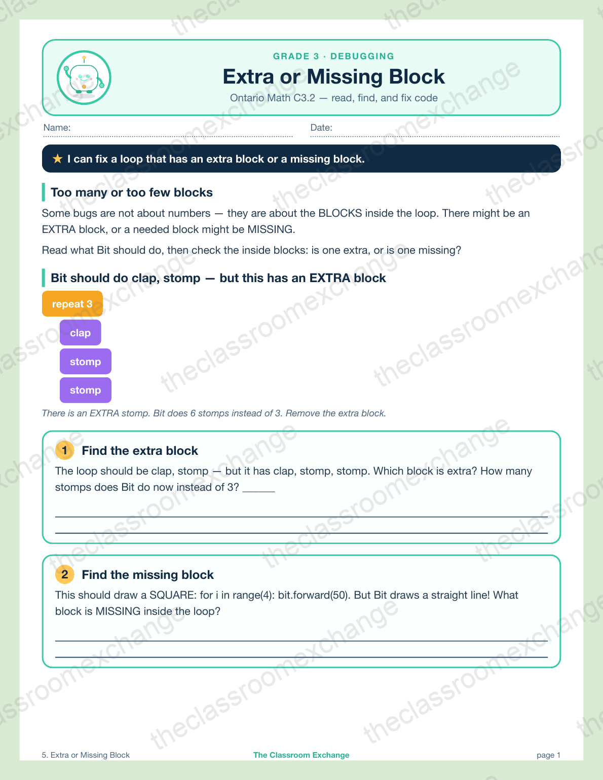 Grade 3 Coding: Extra or Missing Block