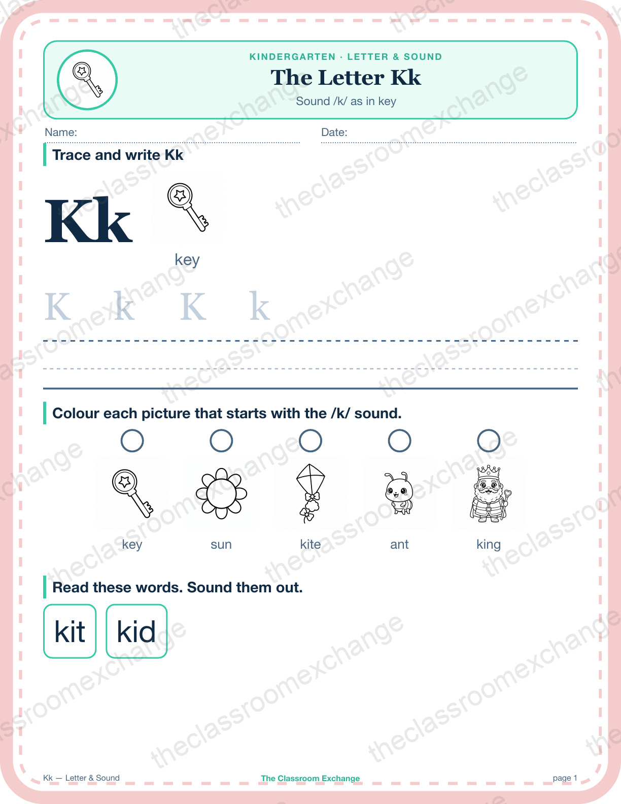 Kindergarten Phonics: The Letter Kk (key)