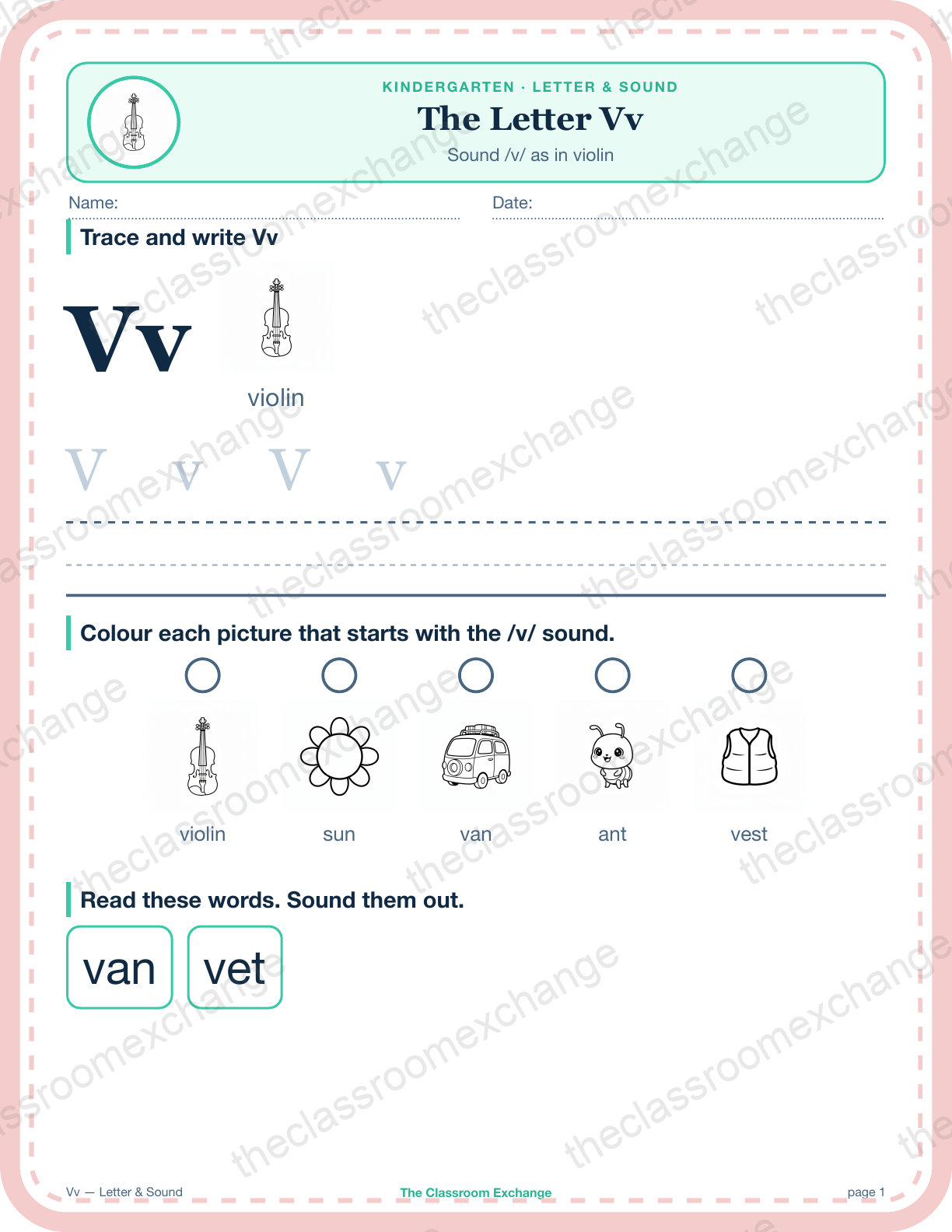 Kindergarten Phonics: The Letter Vv (violin)