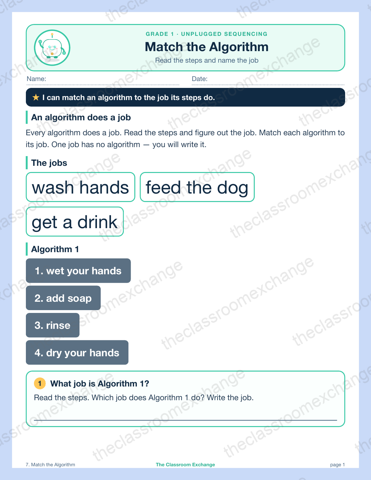 Grade 1 Coding: Match the Algorithm