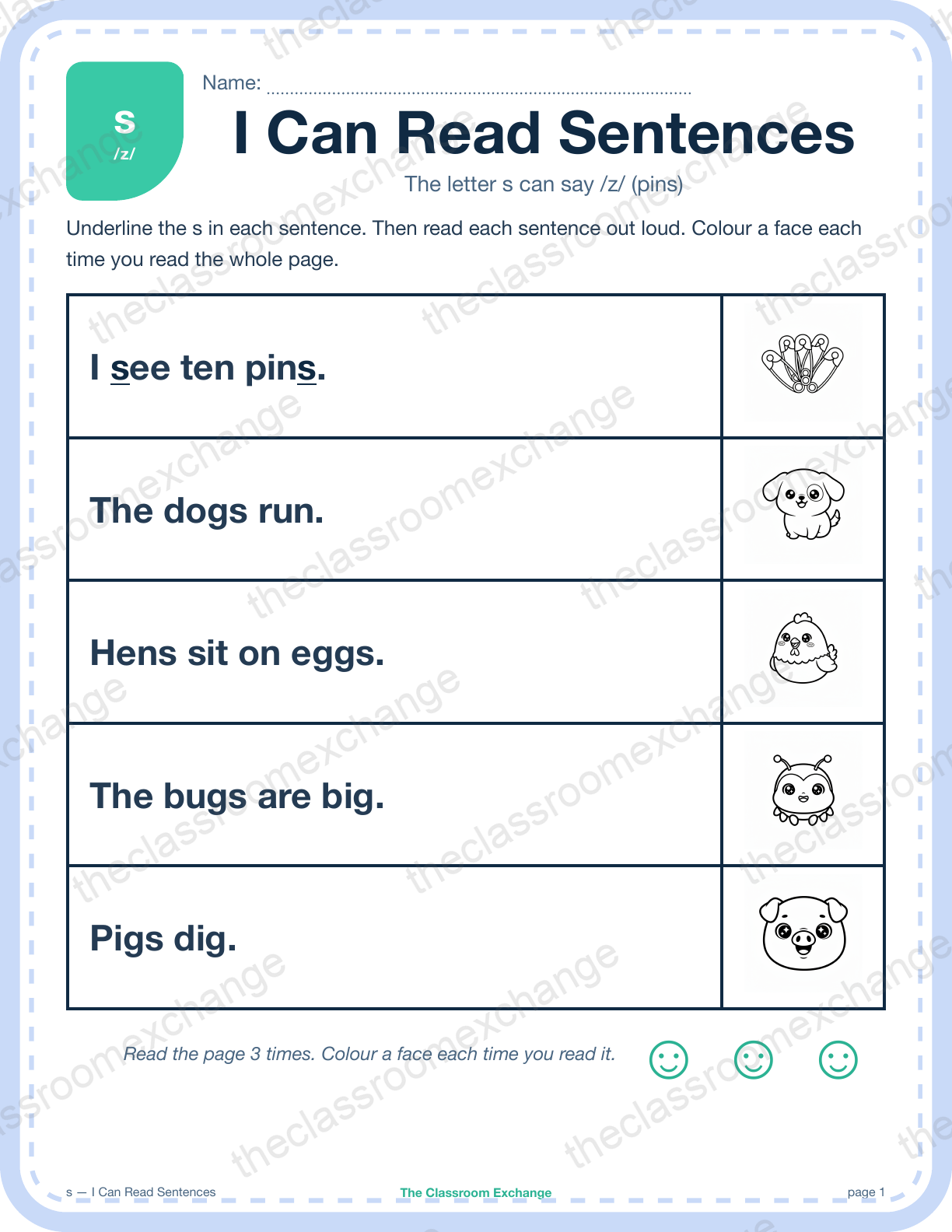 Grade 1 Phonics: s (pins) — I Can Read Sentences