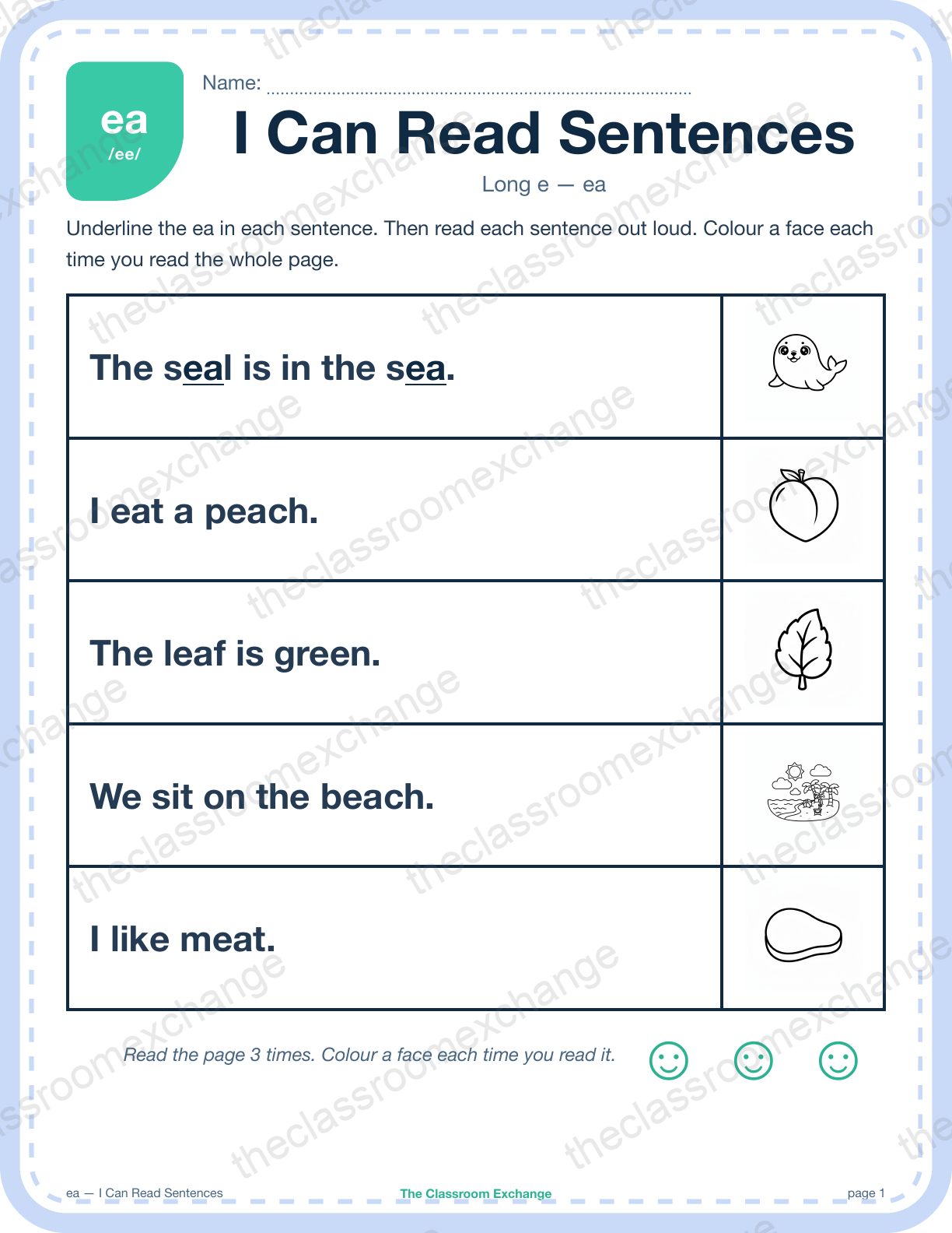 Grade 1 Phonics: ea (tea) — I Can Read Sentences