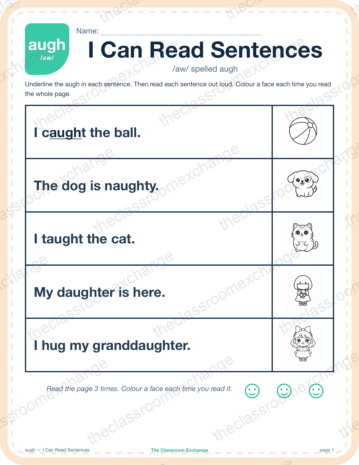 Grade 2 Phonics: augh (taught) — I Can Read Sentences