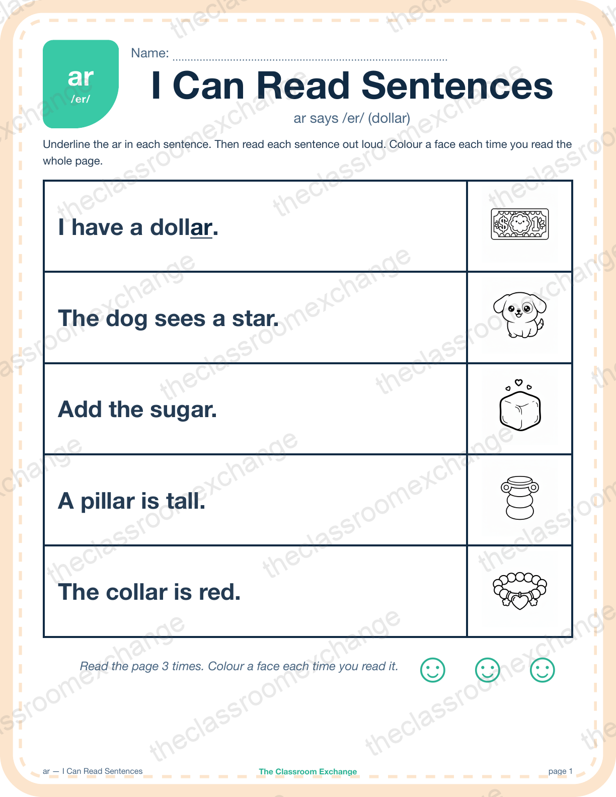 Grade 2 Phonics: ar (dollar) — I Can Read Sentences