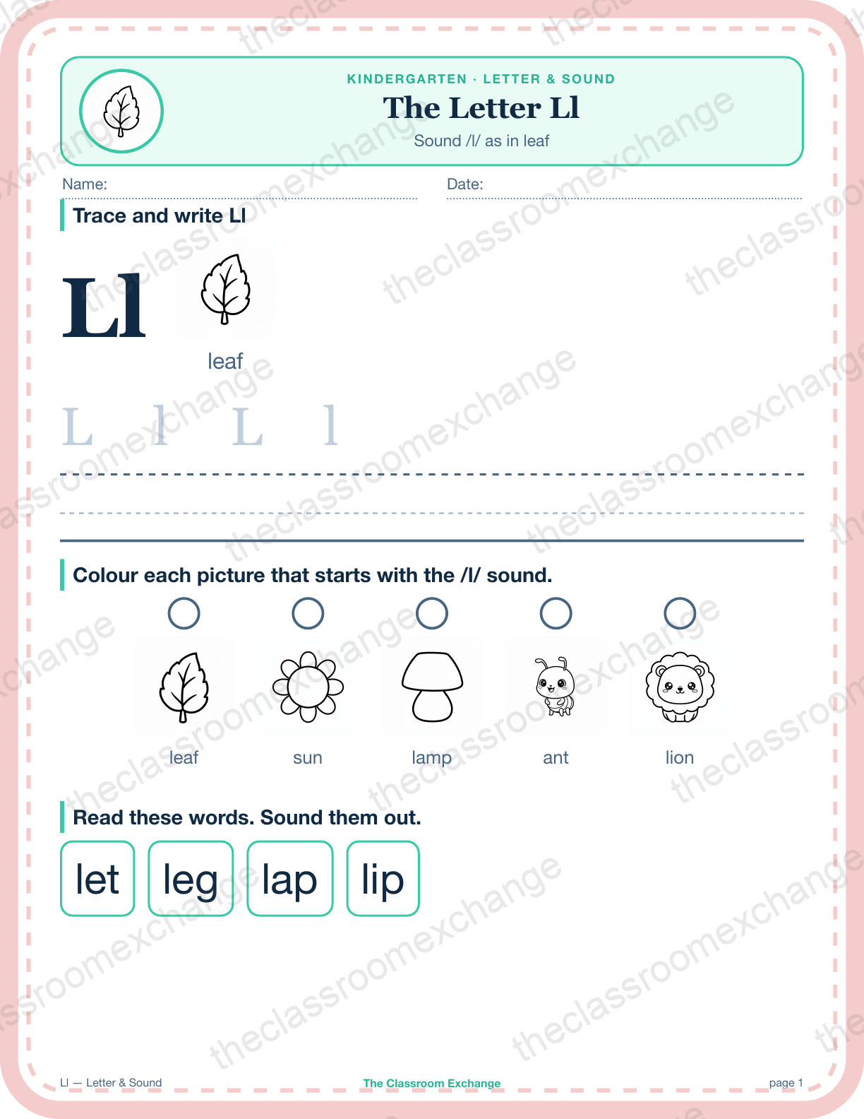 Kindergarten Phonics: The Letter Ll (leaf)