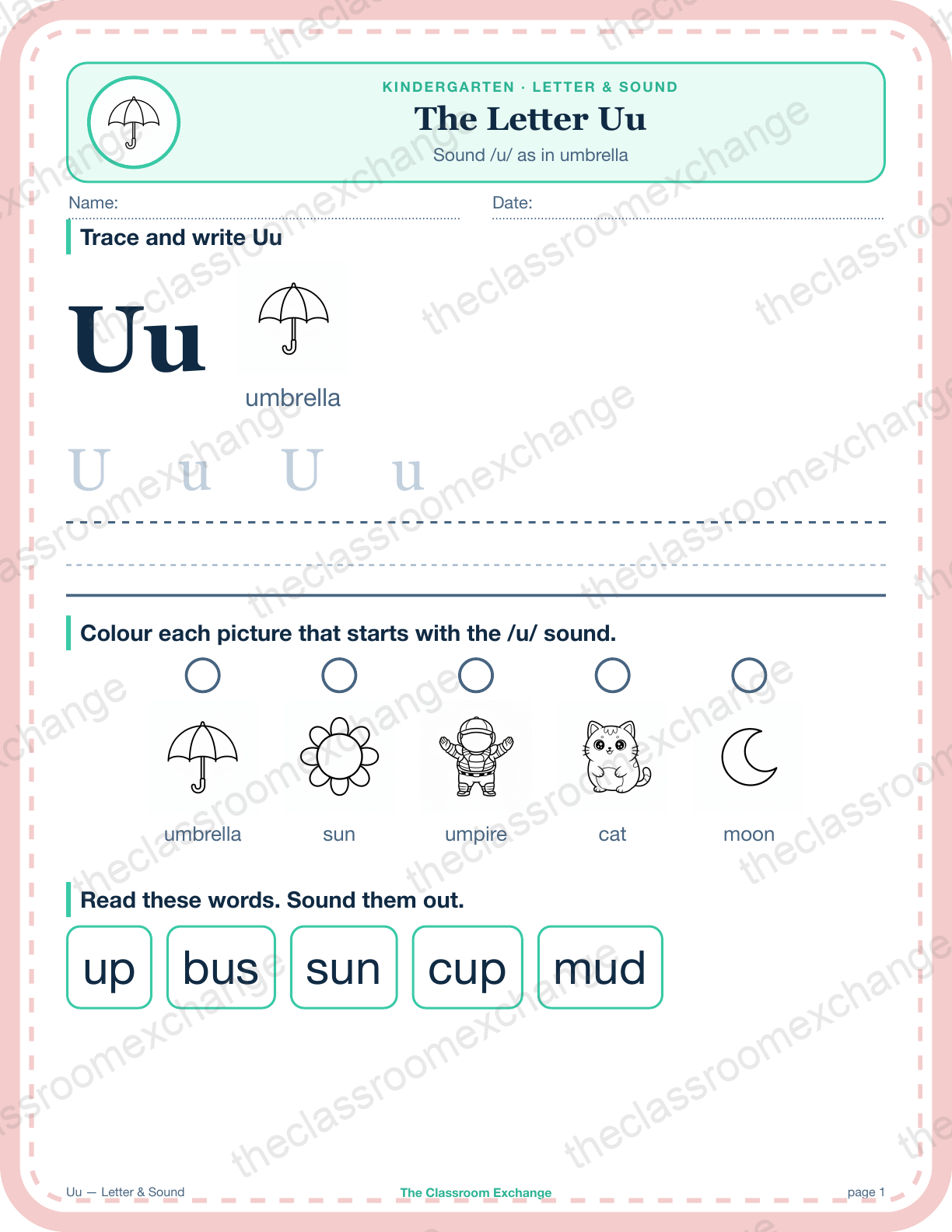 Kindergarten Phonics: The Letter Uu (umbrella)