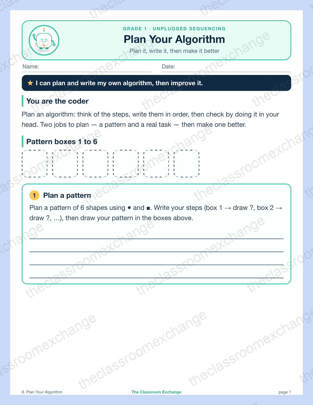 Grade 1 Coding: Plan Your Algorithm