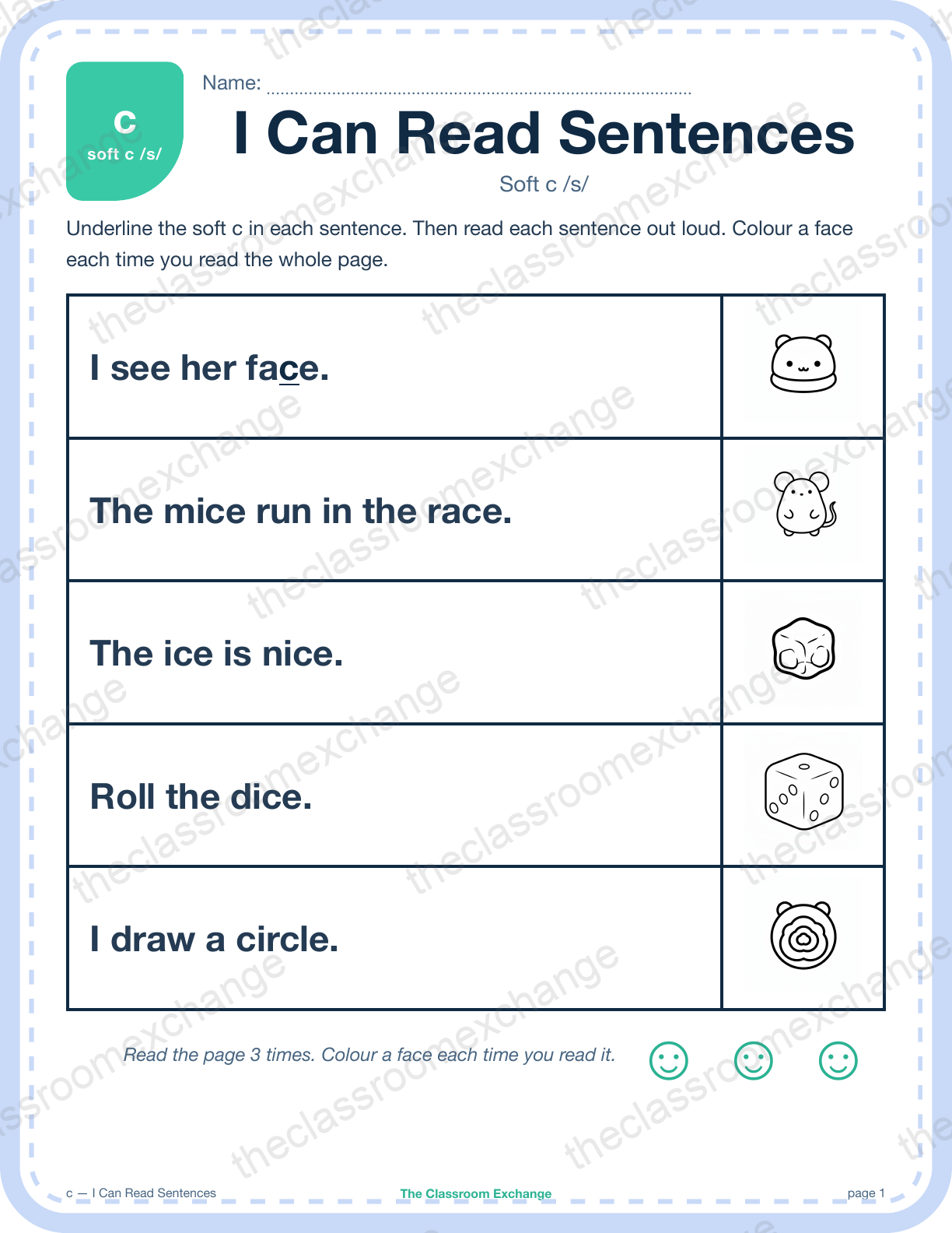 Grade 1 Phonics: c (space) — I Can Read Sentences