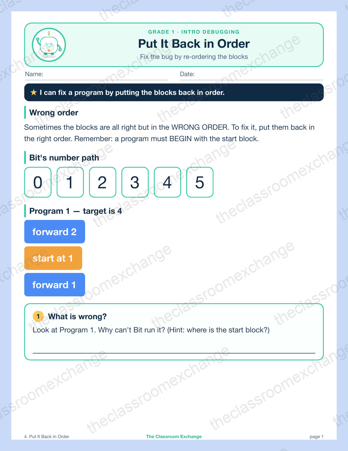 Grade 1 Coding: Put It Back in Order