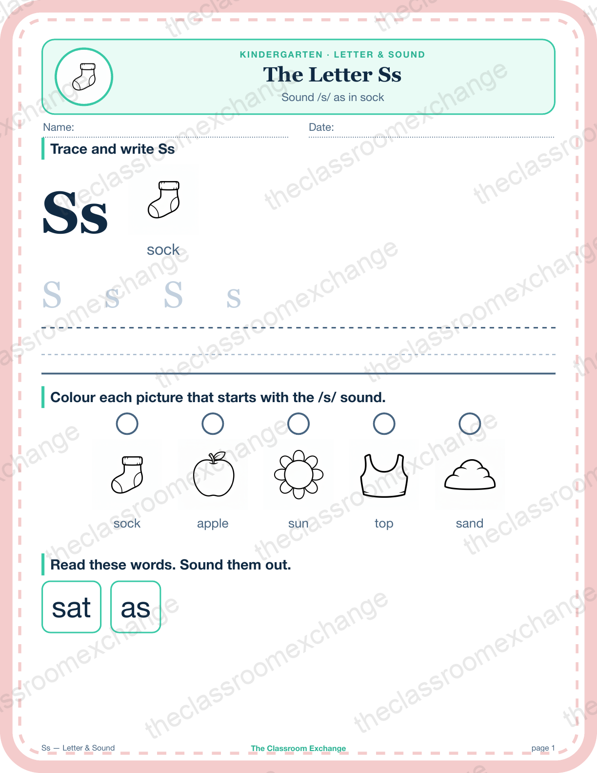 Kindergarten Phonics: The Letter Ss (sock)