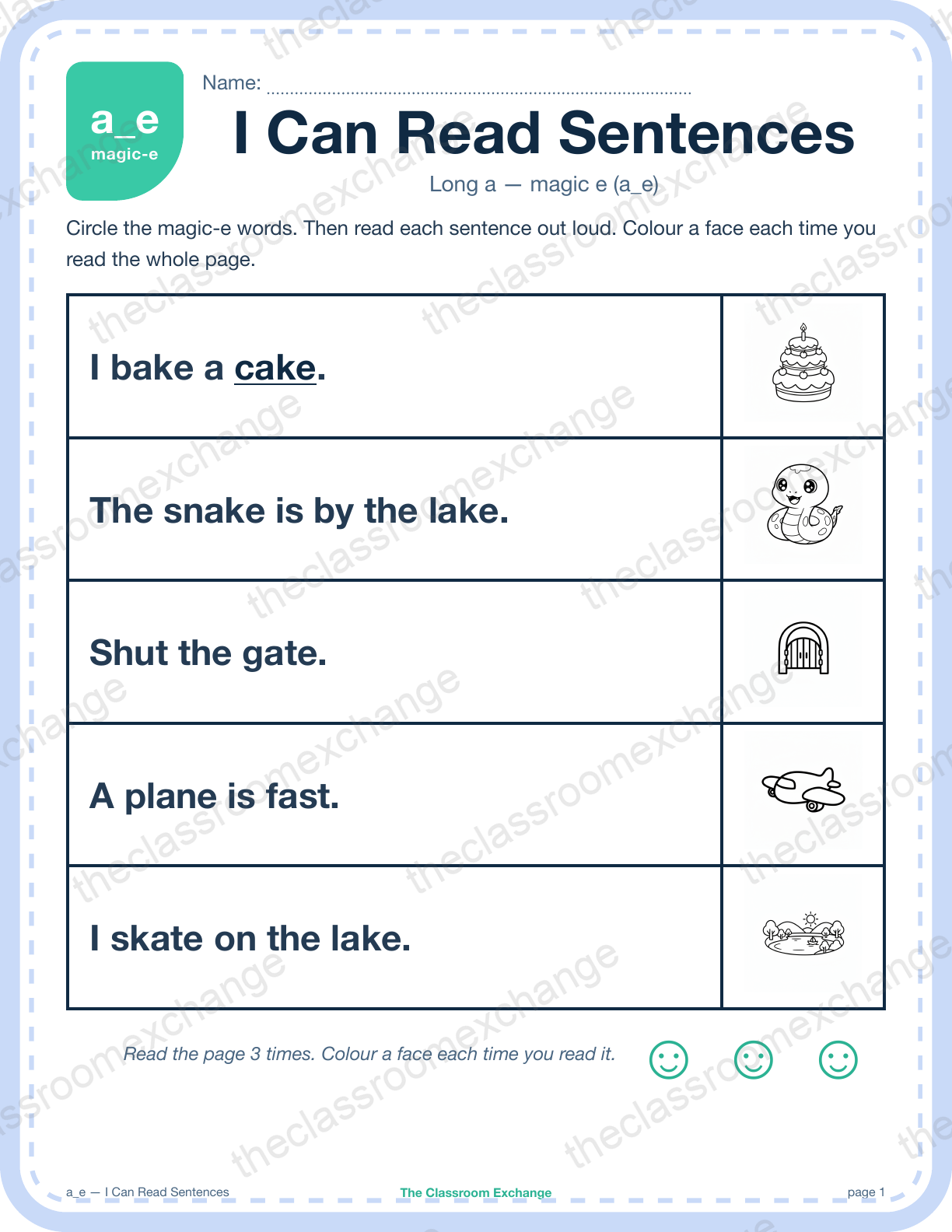 Grade 1 Phonics: a_e (cake) — I Can Read Sentences