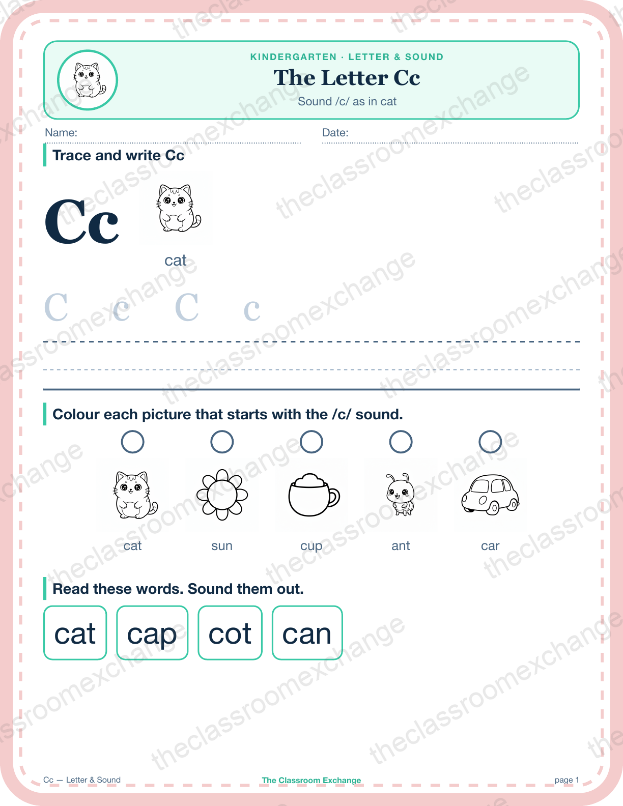 Kindergarten Phonics: The Letter Cc (cat)