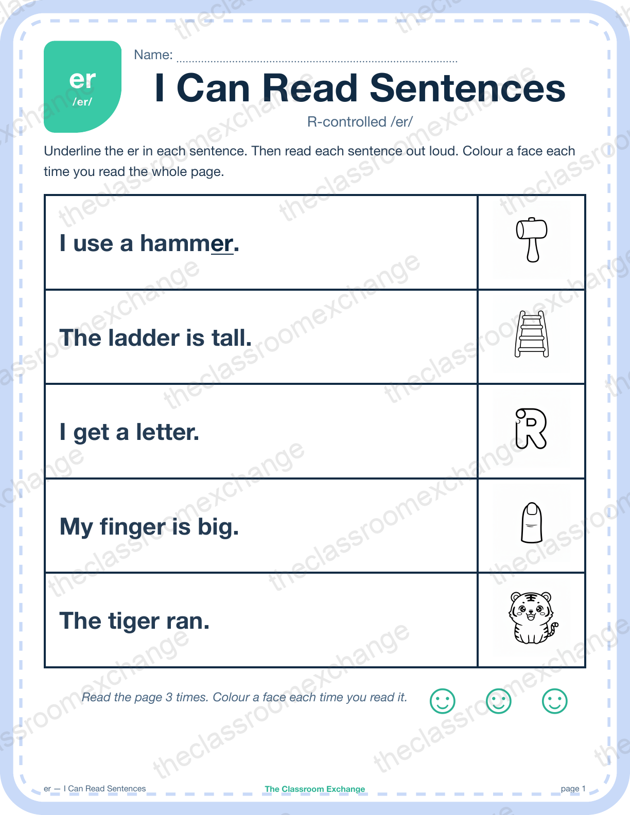 Grade 1 Phonics: er (hammer) β I Can Read Sentences