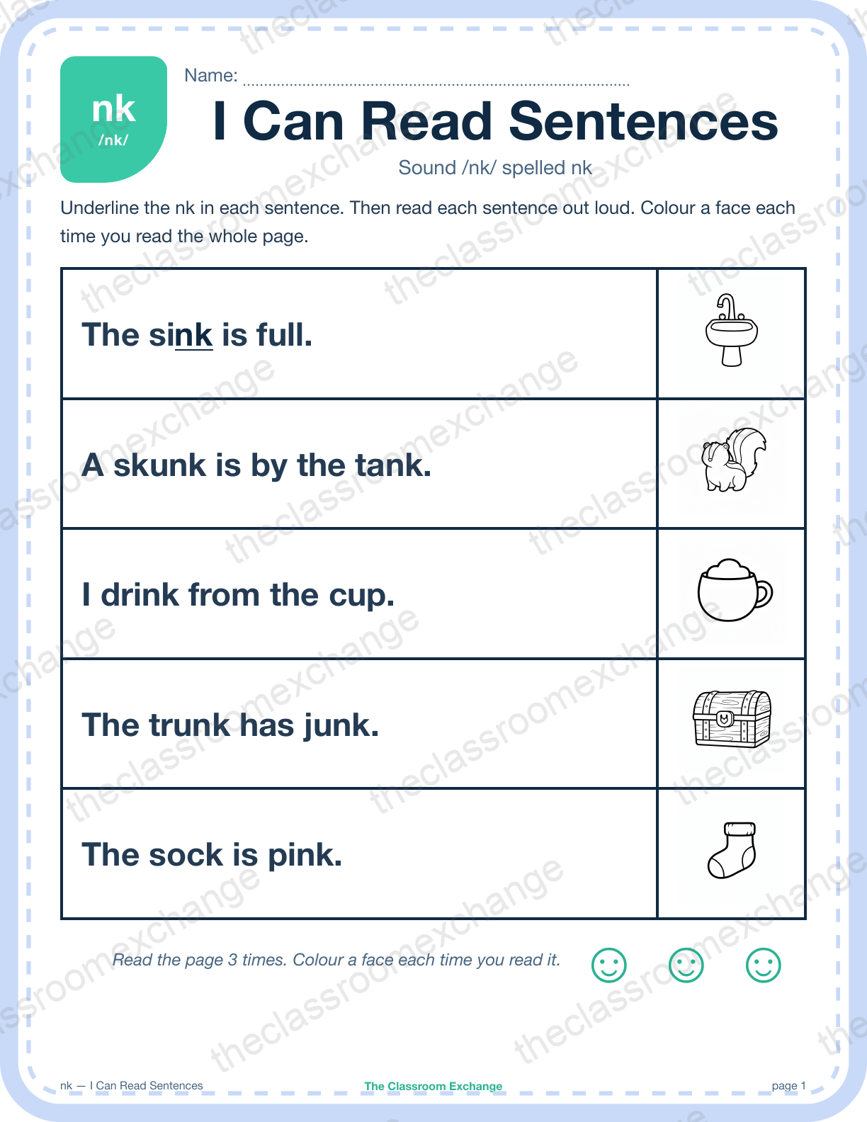 Grade 1 Phonics: nk (sink) — I Can Read Sentences