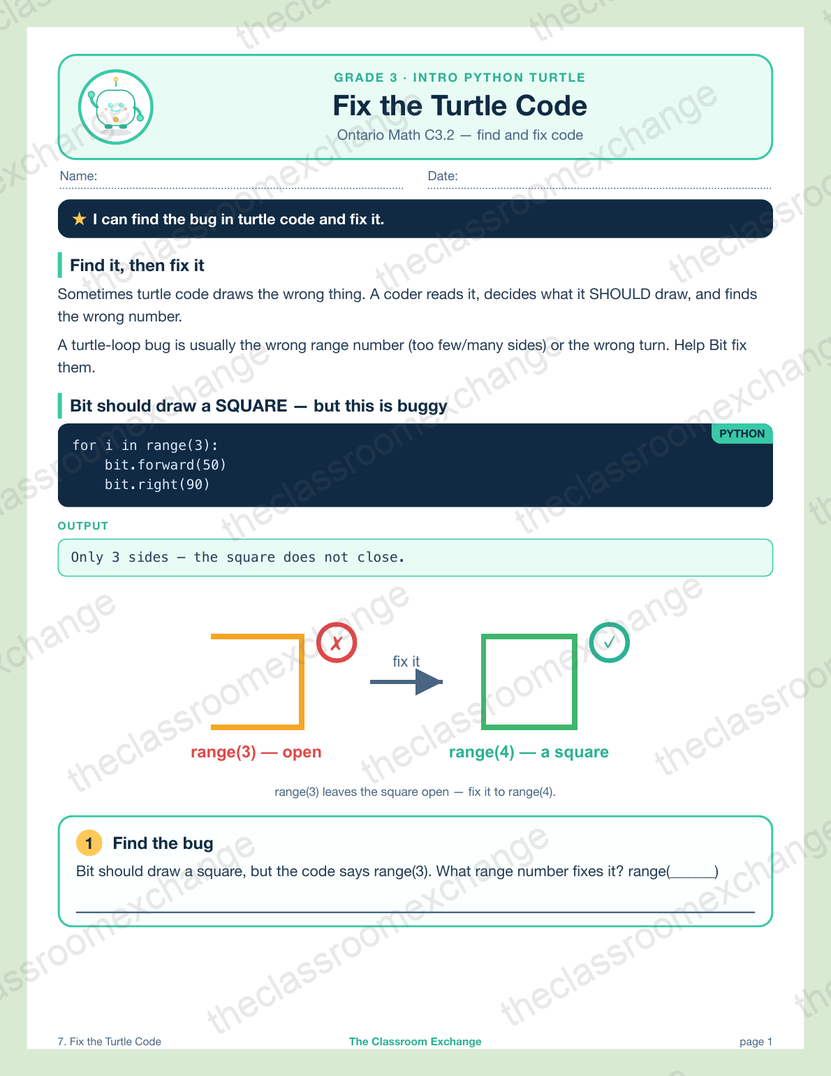 Grade 3 Coding: Fix the Turtle Code