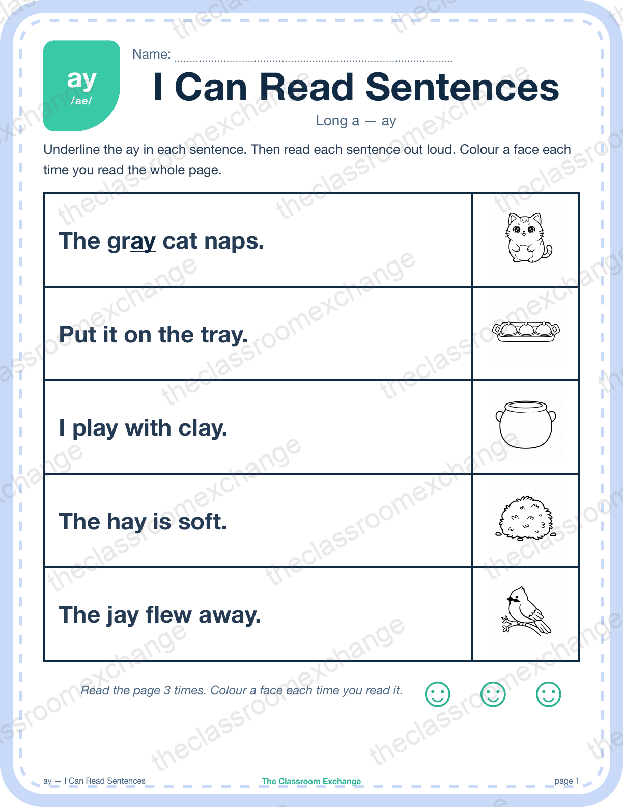 Grade 1 Phonics: ay (play) — I Can Read Sentences
