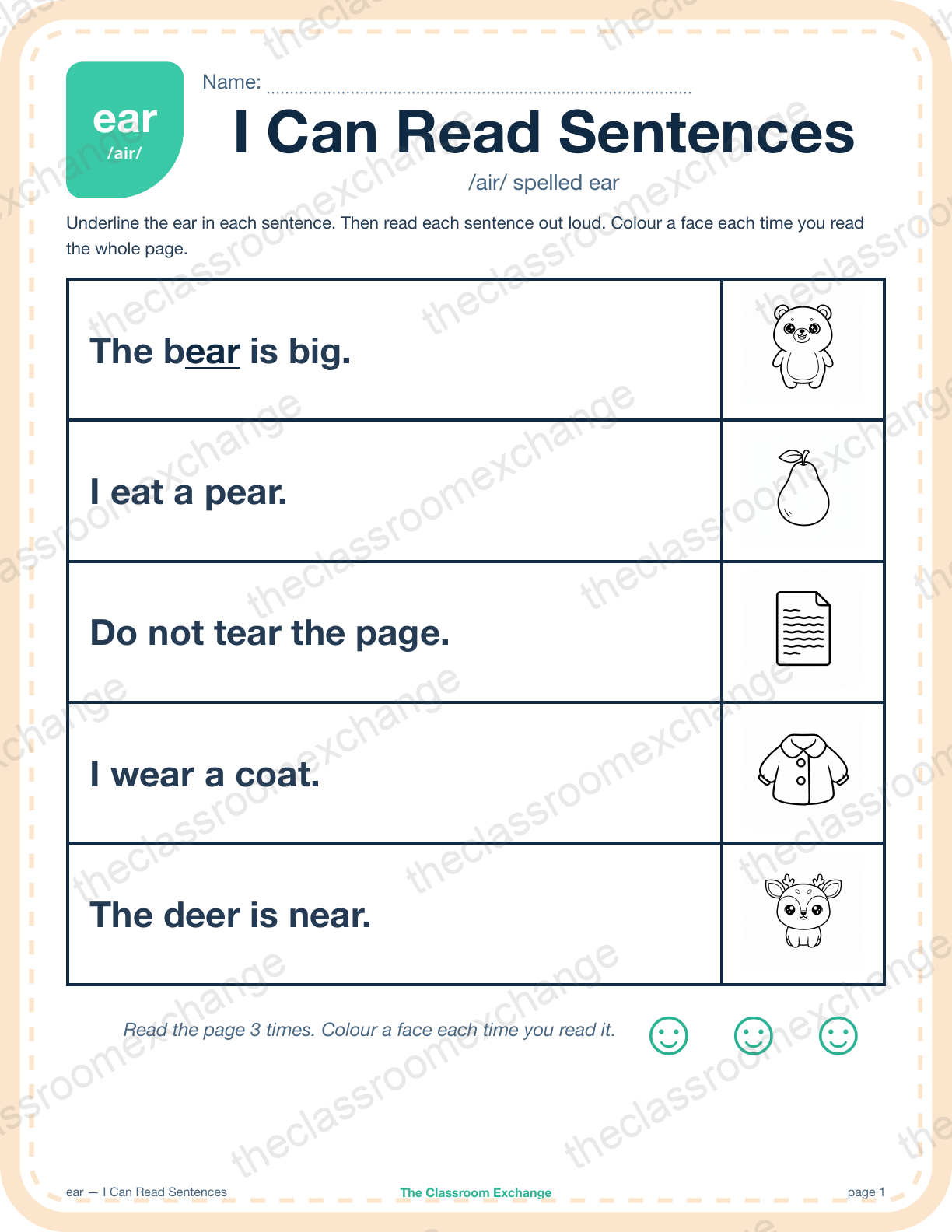 Grade 2 Phonics: ear (bear) — I Can Read Sentences