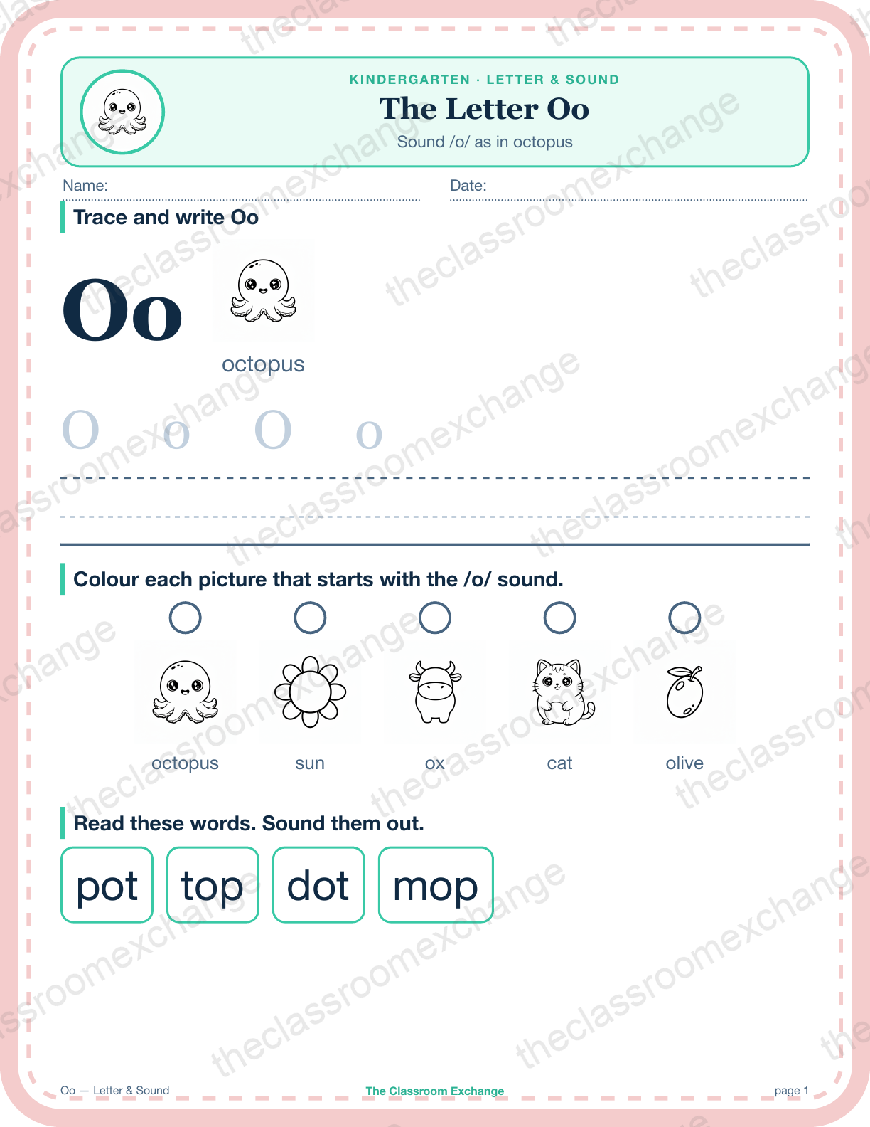 Kindergarten Phonics: The Letter Oo (octopus)