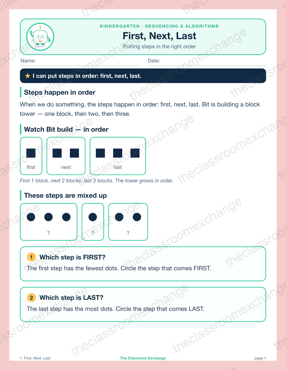 Kindergarten Coding: First, Next, Last