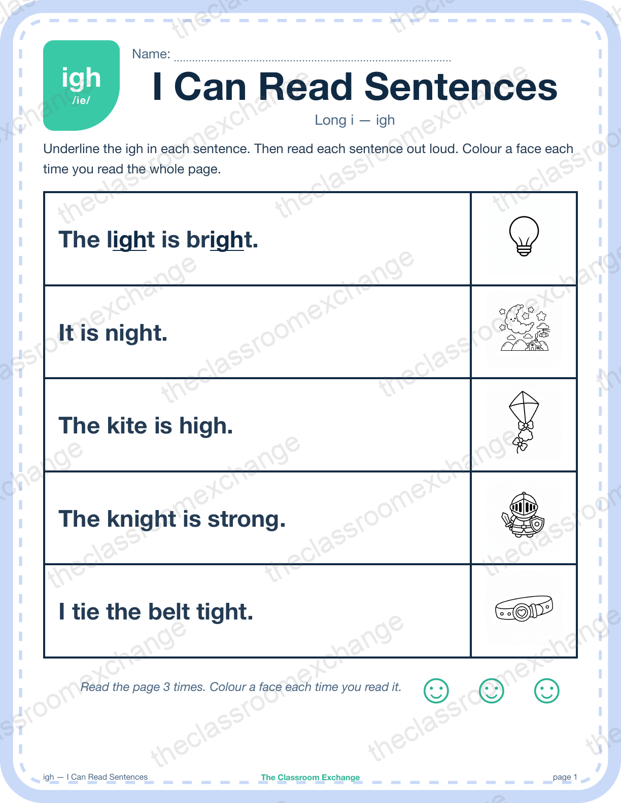 Grade 1 Phonics: igh (light) — I Can Read Sentences