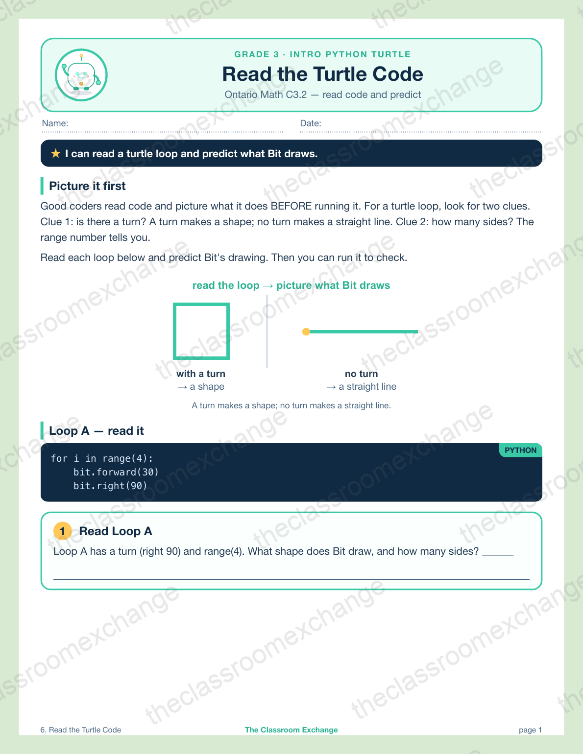 Grade 3 Coding: Read the Turtle Code