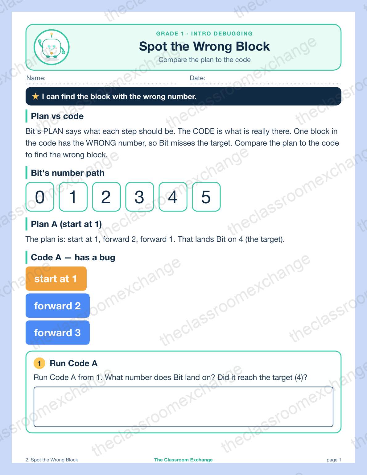 Grade 1 Coding: Spot the Wrong Block
