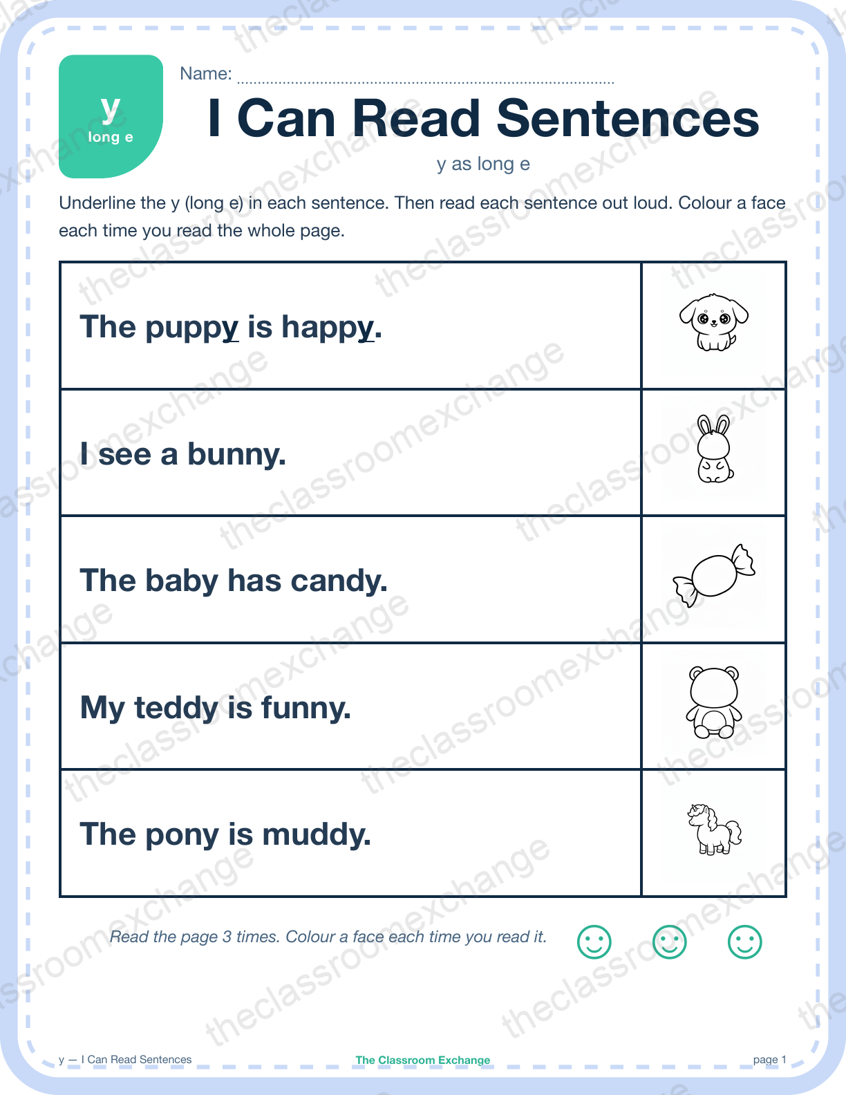 Grade 1 Phonics: y (candy) — I Can Read Sentences