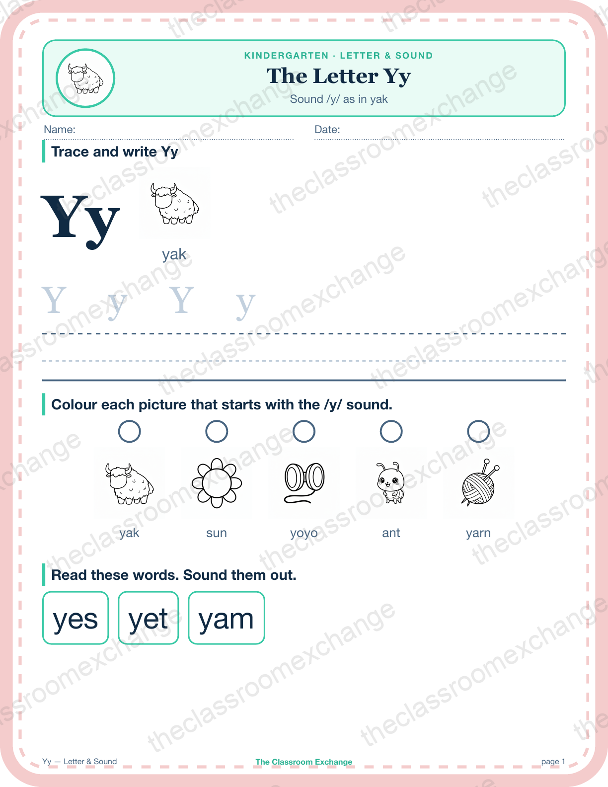 Kindergarten Phonics: The Letter Yy (yellow)