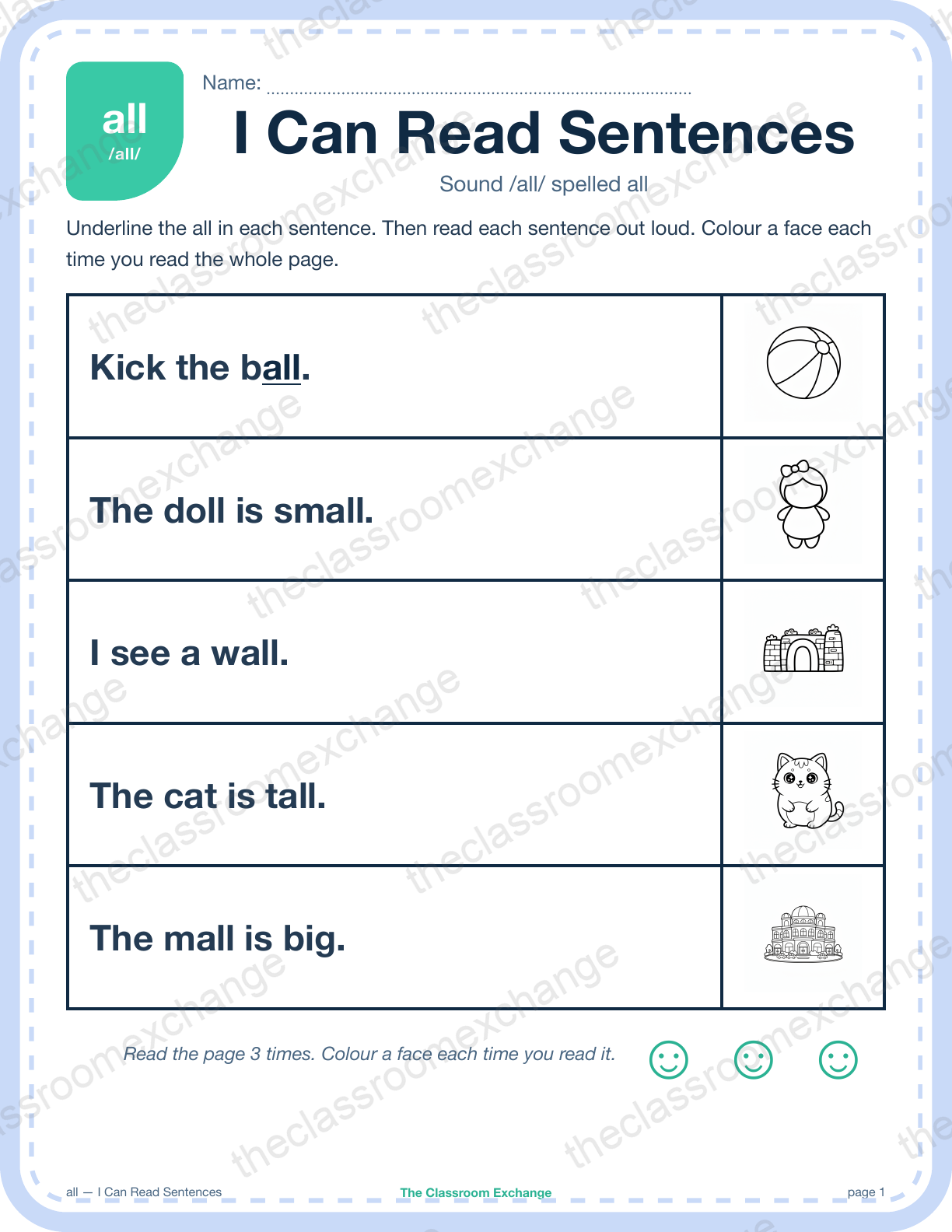 Grade 1 Phonics: all (wall) — I Can Read Sentences